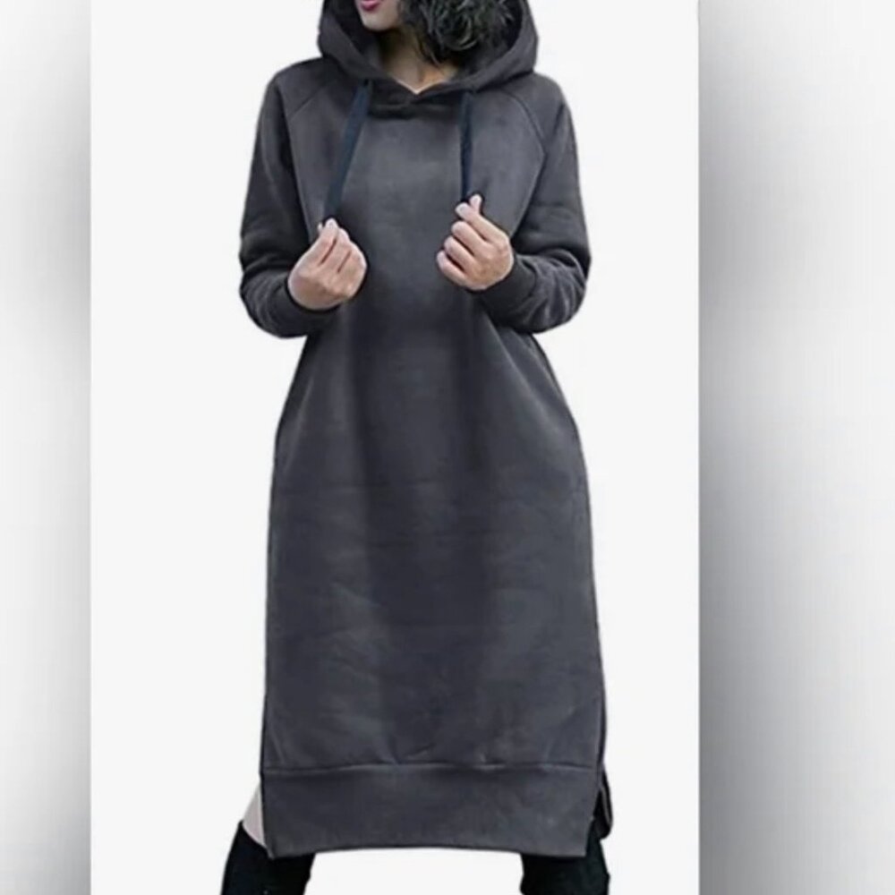 NUTEXROL Black Oversized Hoodie Dress with Long Sleeves and Side Pockets - Small